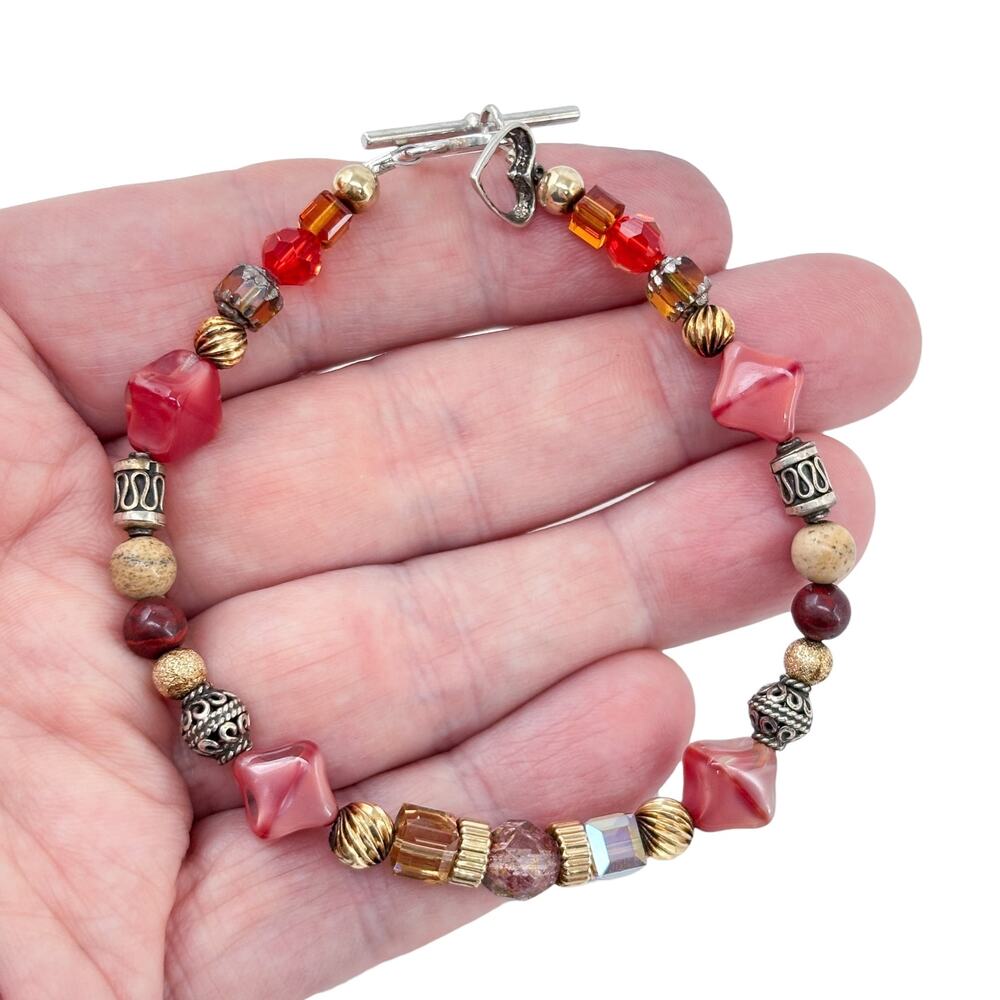 Vintage Sterling Silver 925 Red Beaded Bracelet 8.5"